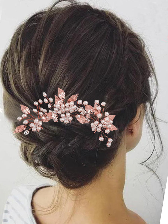 3-Pack Leaf-Shaped Pearl Wedding Hairpins