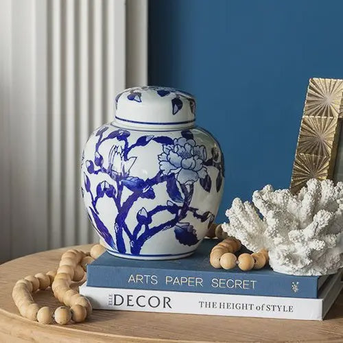 Blue & White Magnolia Pattern Curved Jar with Lid