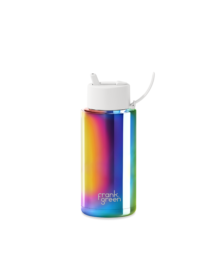 Multicolored water bottle with white lid on a white background