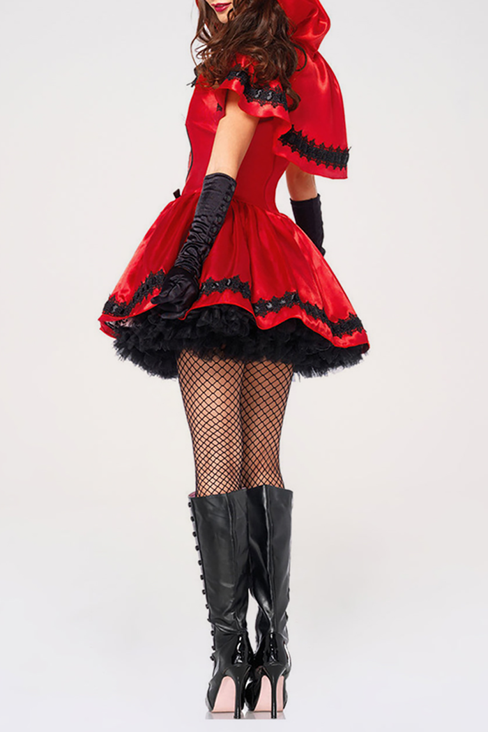 Lace Up Cinch Waist Colorblock Mini Dresses Hooded Shawl Halloween Set-Red