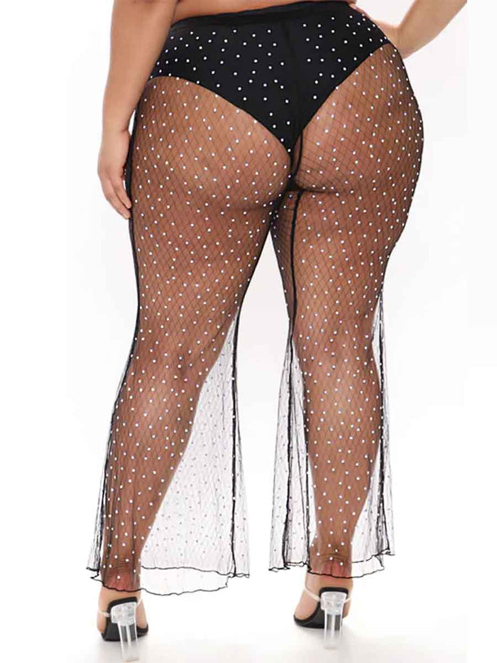 Rhinestone Mesh Cover Pants �Flare Crystal Pantsuit