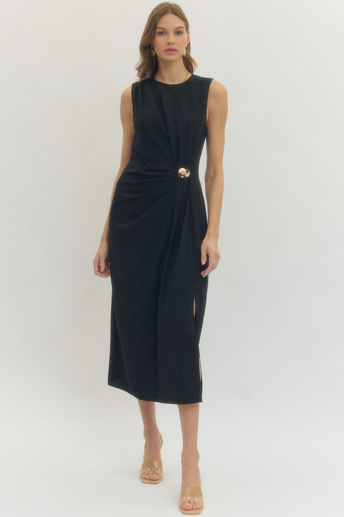 Slit Hem Pleated Midi Dress in Black