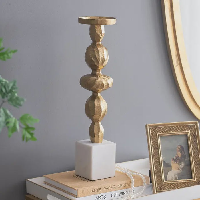 Stem Pillar Holder w/ Marble Base - Gold/White