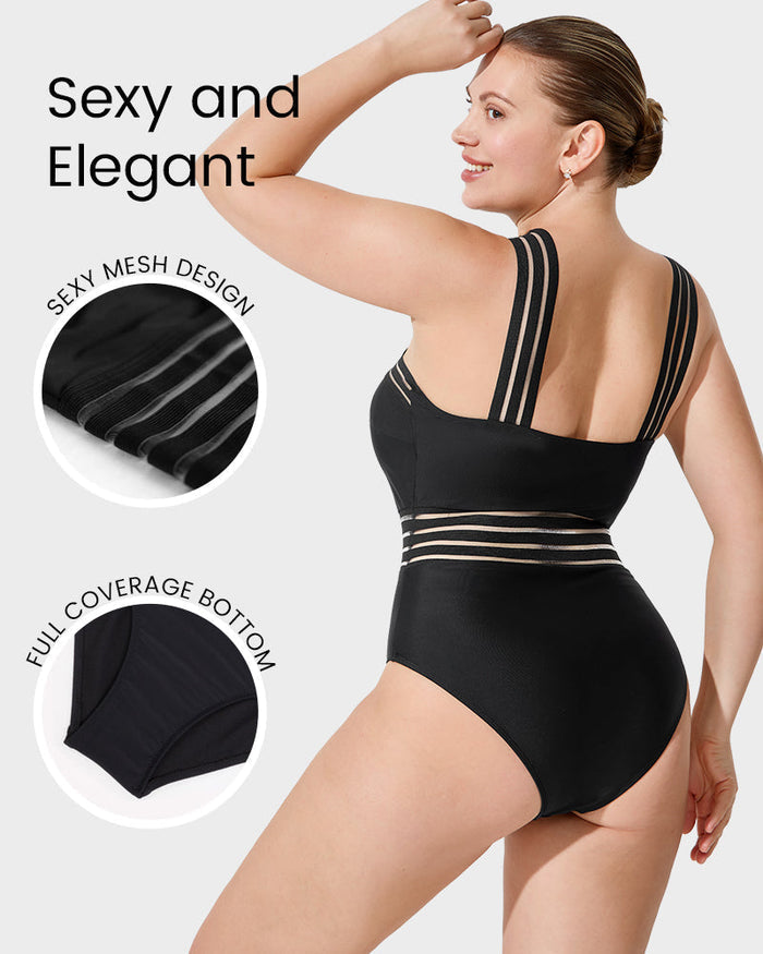 Striped Mesh Insert Cross-Over Halter Neck Swimsuit
