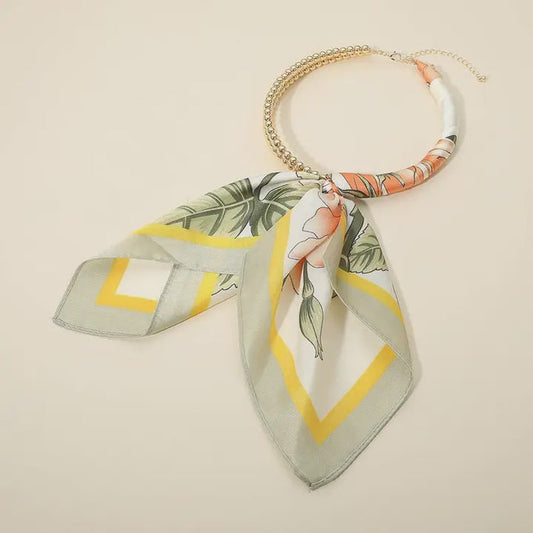 Abstract Pattern Fabric Scarf Double Bubble Chain Necklace in Light Orange