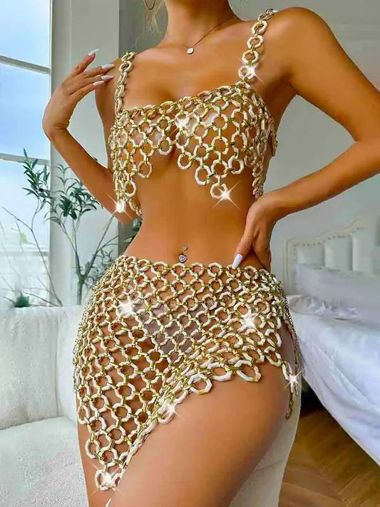 Acrylic White Sequin Two Piece Set & Bra Top + Skirt