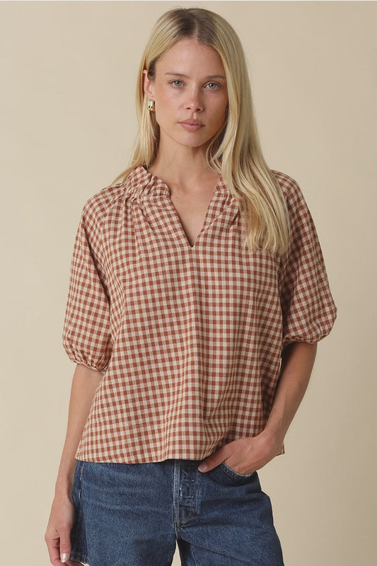 Alex Gingham Split Neck Blouse in Camel