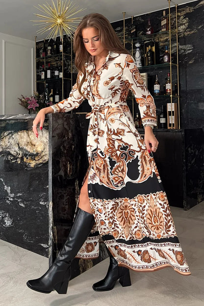ANGELA BOARDER PRINT SHIRT MAXI DRESS (BROWN)