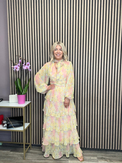 Anya Ruffle Maxi Dress (Pastel Floral)