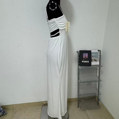 Backless halter-neck solid-color dress