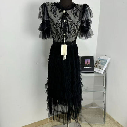Belted round-neck lace dress