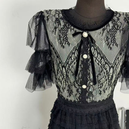 Belted round-neck lace dress