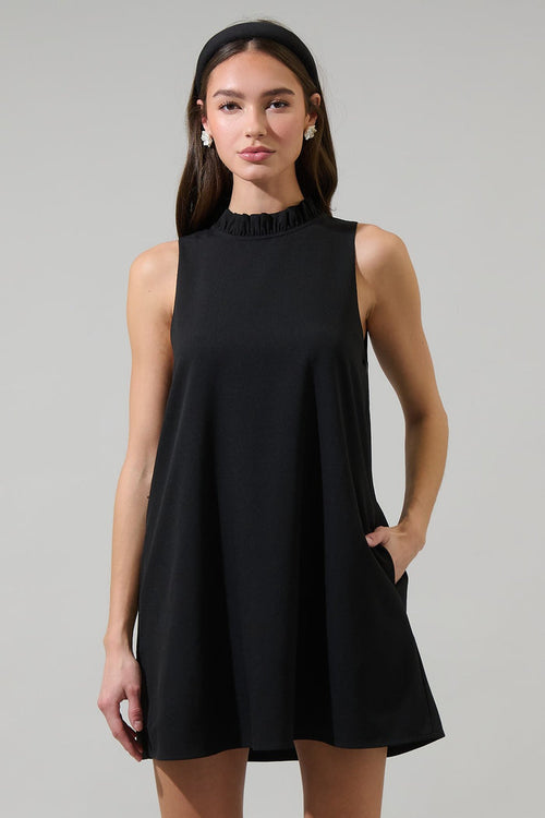 Benson Trapeze Mock Neck Mini Dress in Black