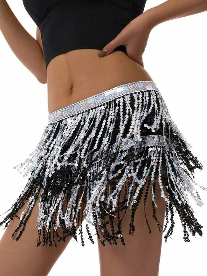 Black and Silver Sequin Fringe Skirt