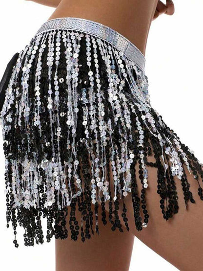 Black and Silver Sequin Fringe Skirt