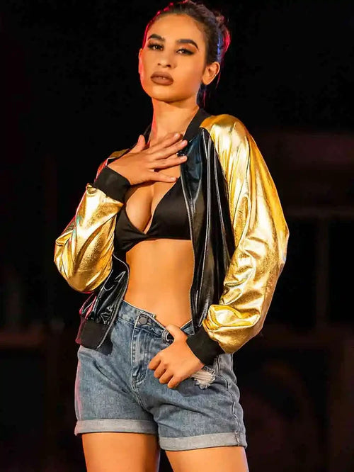 Black Leather Bomber Jacket With Gold Reflective Sleeves