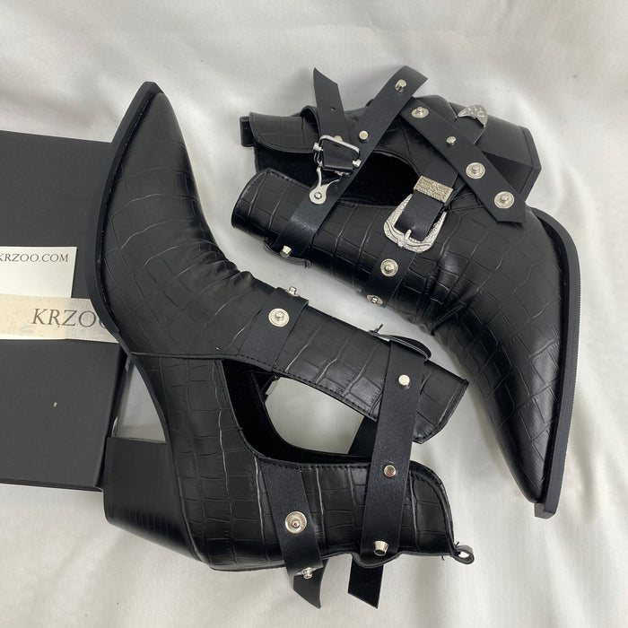 Black Leather Buckle Ankle Boots