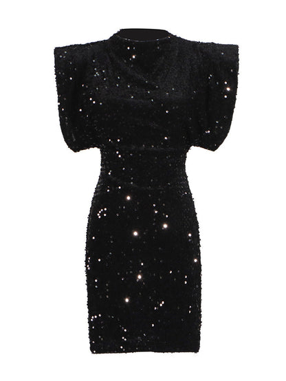 Black Padded Shoulder Fitted Sequin Bodycon Dress