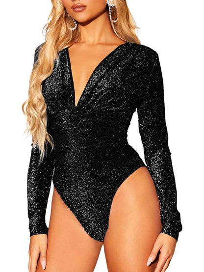 Black Sparkle Bodysuit - Black Long Sleeve Sequin Bodysuit