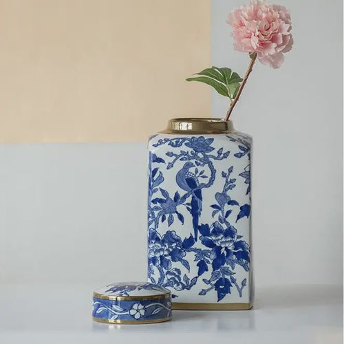 Blue and White Porcelain Tall Lidded Jar