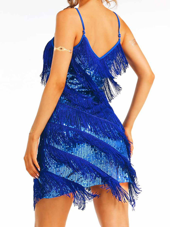 Blue Sequin Fringe Dress (Slim Fit)