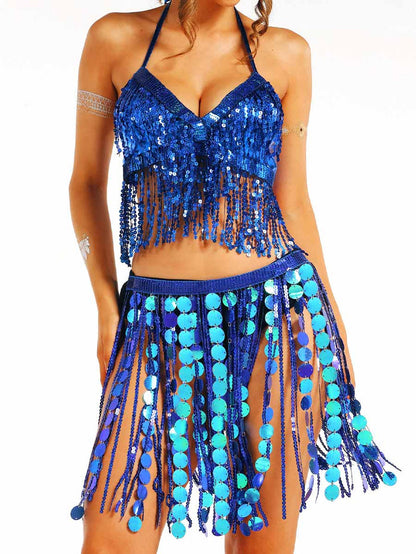 Blue Shiny Tassel Two Piece Set