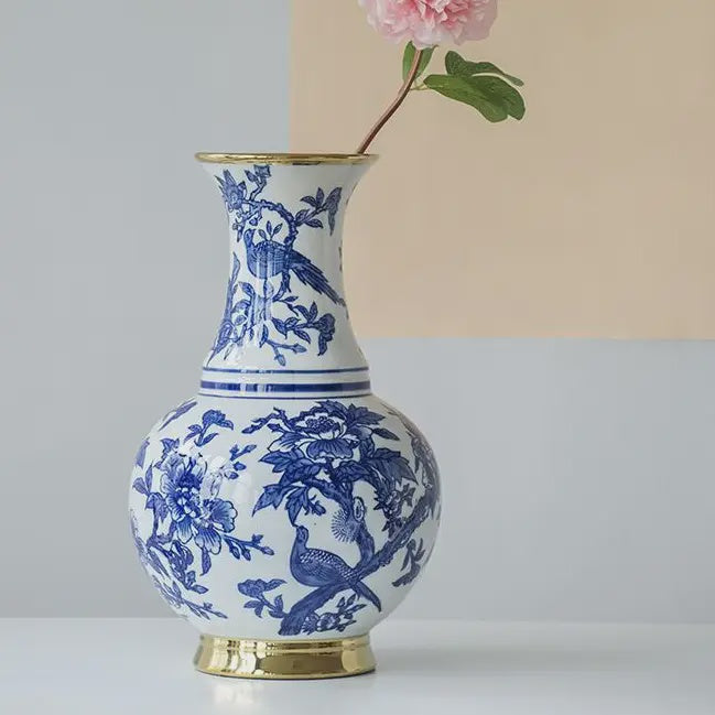 Blue & White Chinoiserie Vase w/ Gold Accents