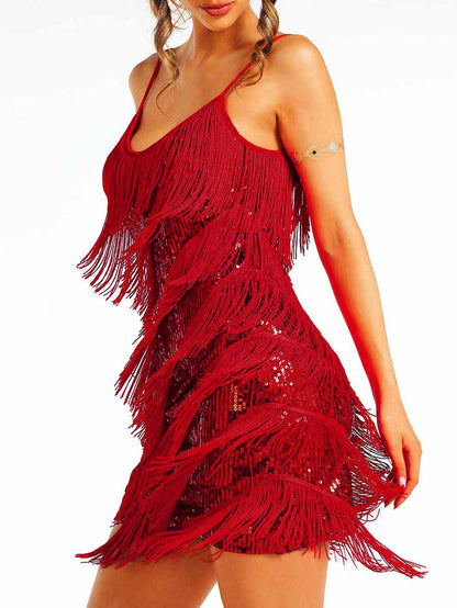 Bohemian Red Sequin Tassel Dress