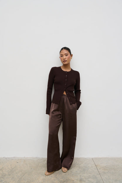Breya Satin Drawstring Trousers (Chocolate Brown)