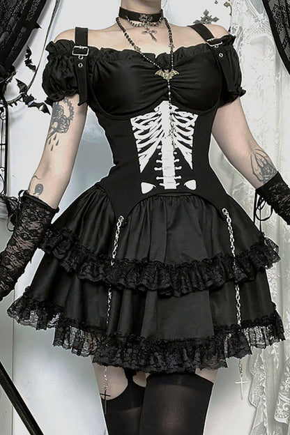 Cami Corset Off Shoulder Lace Ruffled Trim Mini Dresses 2pcs Set-Black