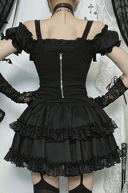 Cami Corset Off Shoulder Lace Ruffled Trim Mini Dresses 2pcs Set-Black