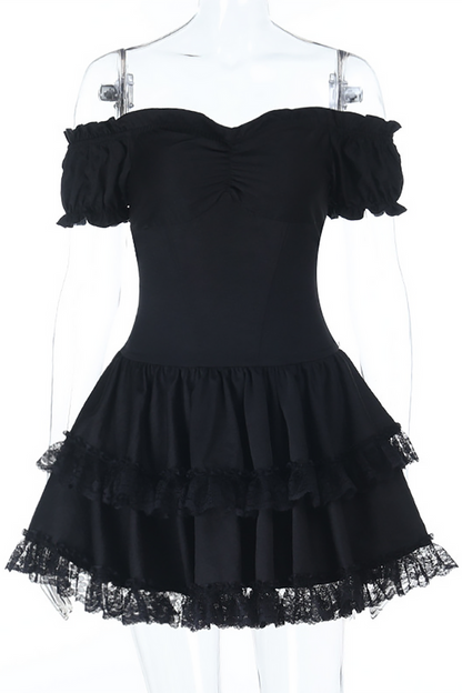 Cami Corset Off Shoulder Lace Ruffled Trim Mini Dresses 2pcs Set-Black