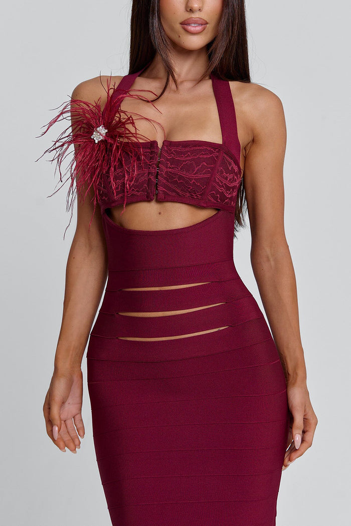 Cami Feather Cut Out Cinch Waist Bodycon Party Maxi Dresses-Red Pre Order