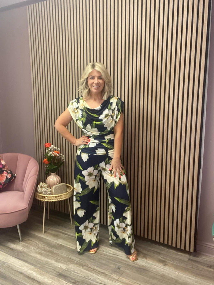CARBON JERSEY JUMPSUIT (NAVY/LILY PRINT)