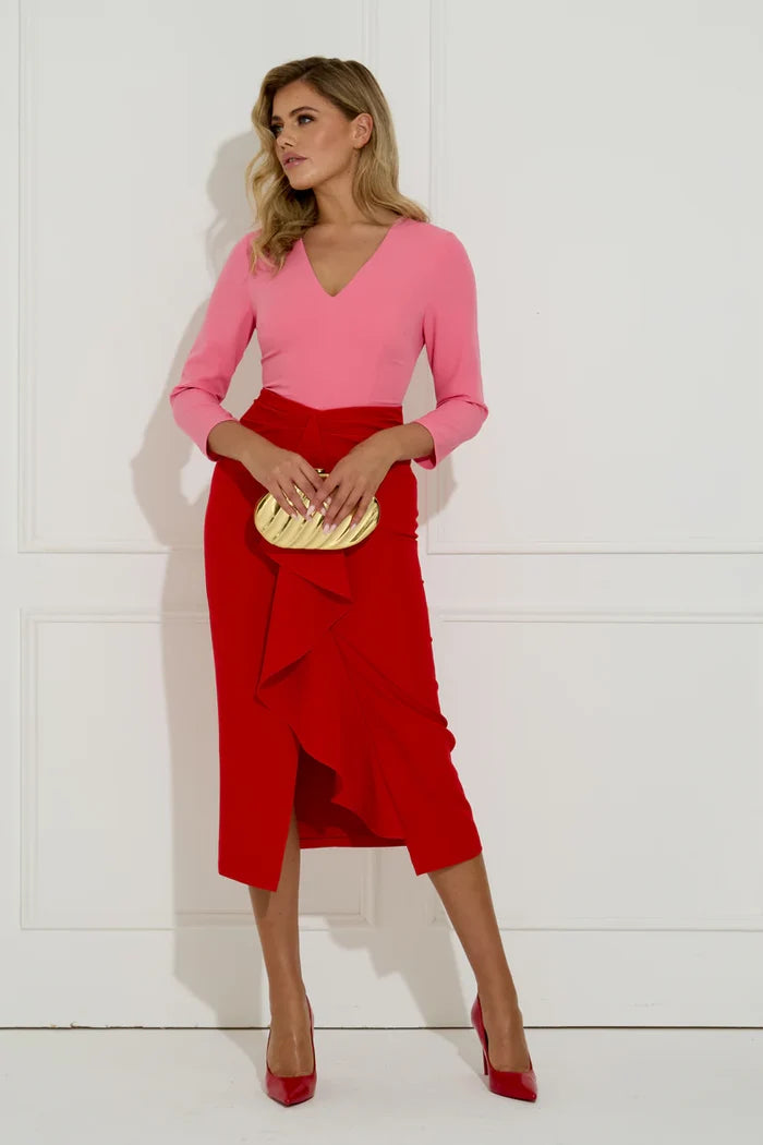 Carmen Frill Midi Dress (Red/Pink)