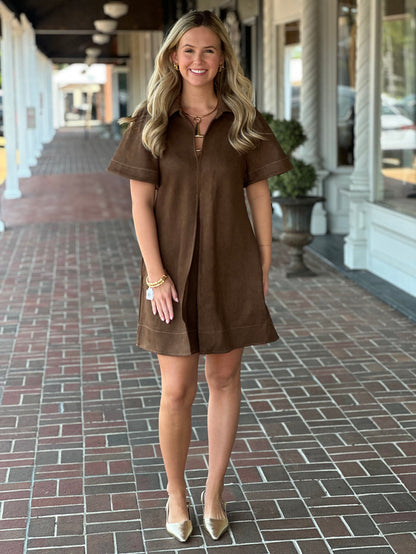 Collar Suede Mini Dress in Brown