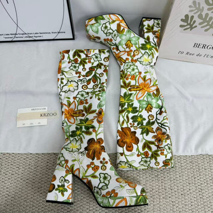 Color-block Floral Knee-High Boots
