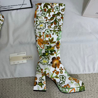 Color-block Floral Knee-High Boots