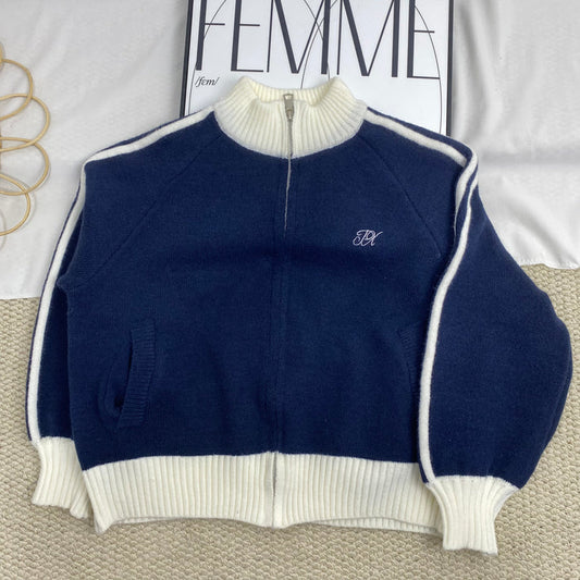 Color-Blocked Stand-Up Collar Sweater