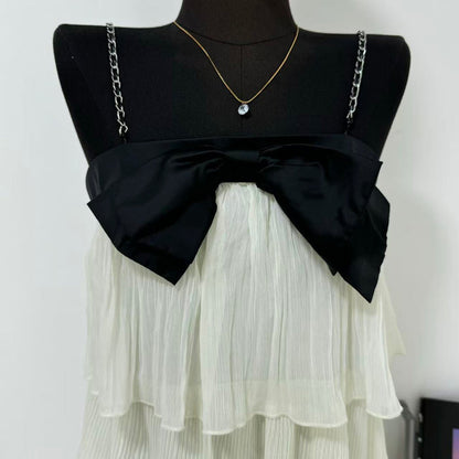 Contrasting-color bow tie backless halter dress