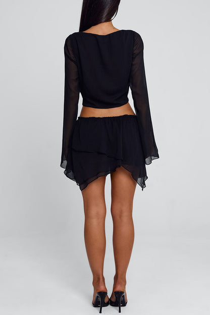 Cowl Neck Bell Sleeve Cut Out Mesh Party Mini Dresses-Black Pre Order