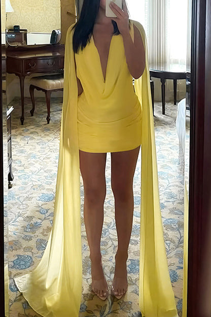 Cowl Neck Long Streamer Chiffon Pleated Mini Dress-Yellow