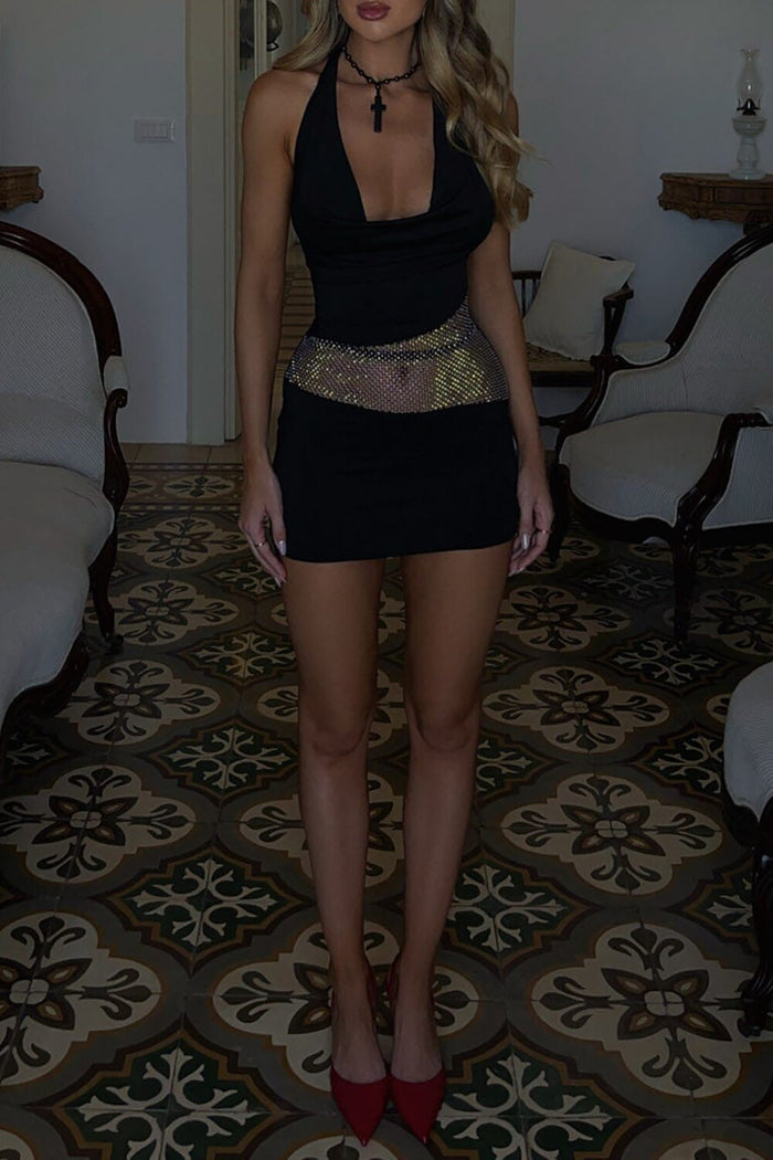 Cowl Neckline Hot Drilling Bodycon Halter Mini Dresses Black