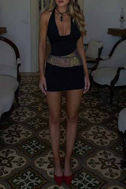 Cowl Neckline Hot Drilling Bodycon Halter Mini Dresses Black
