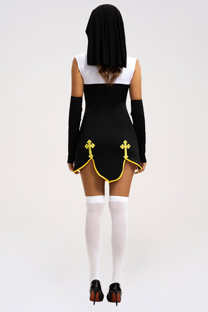Cross Pattern High Neck Sleeveless Halloween Colorblock Mini Dresses-White