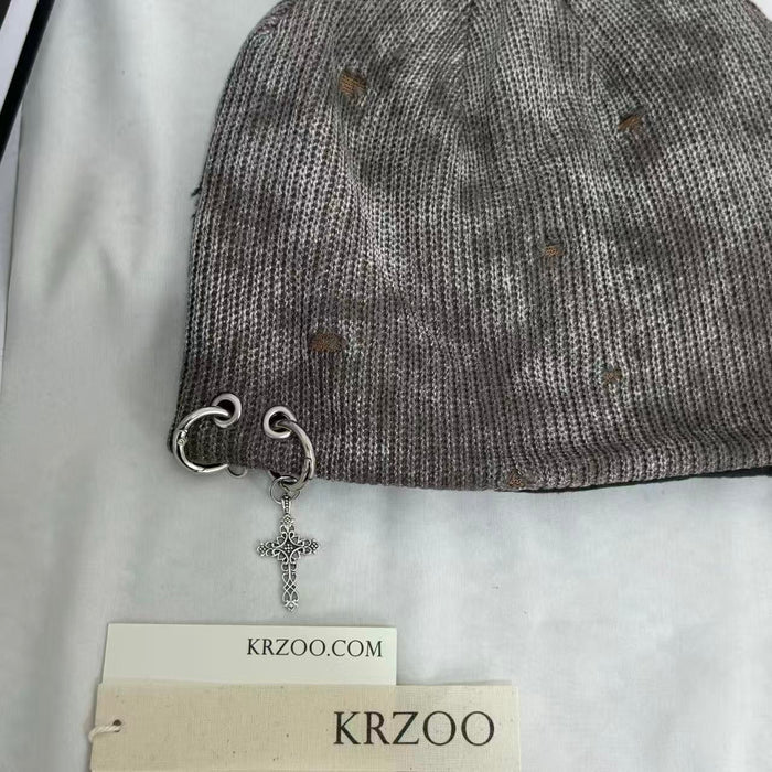 Cross-Patterned Distressed Knitted Wool Beanie