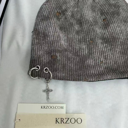 Cross-Patterned Distressed Knitted Wool Beanie