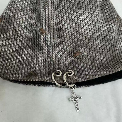 Cross-Patterned Distressed Knitted Wool Beanie