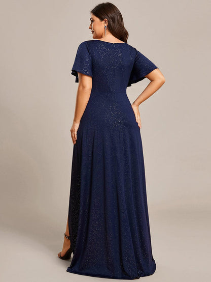 Custom Size High-Low Ruffled V-Neck Front Slit Glitter Evening Dress