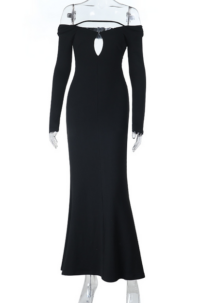 Cutout Off Shoulder Long Sleeve Backless Fitted Fishtail Maxi Dresses-Black